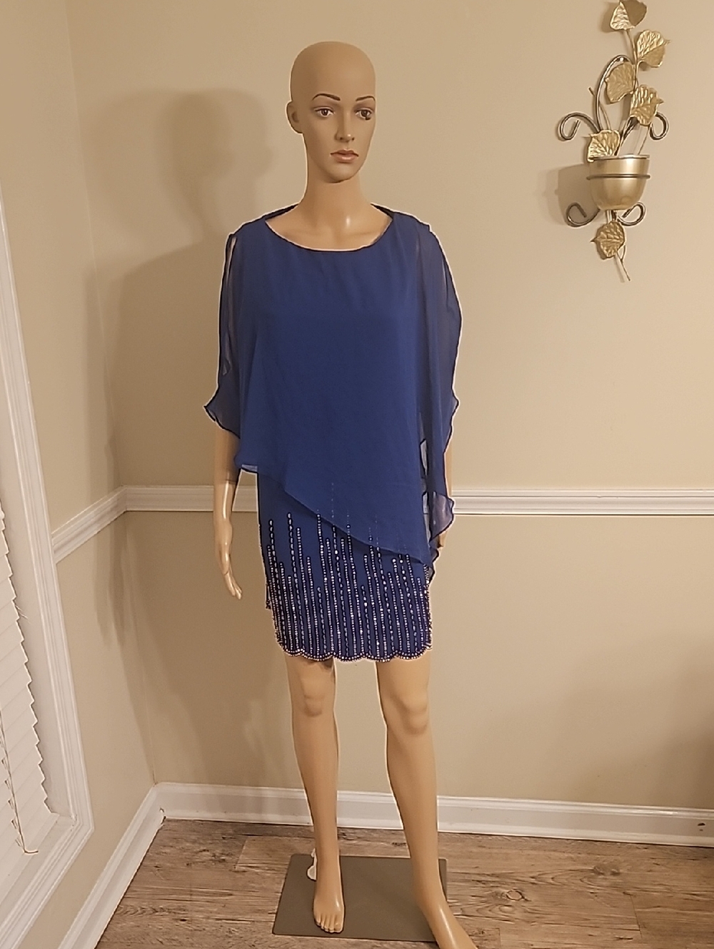 Xscape Royal Blue Beaded Mini Skirt with Chiffon Overlay